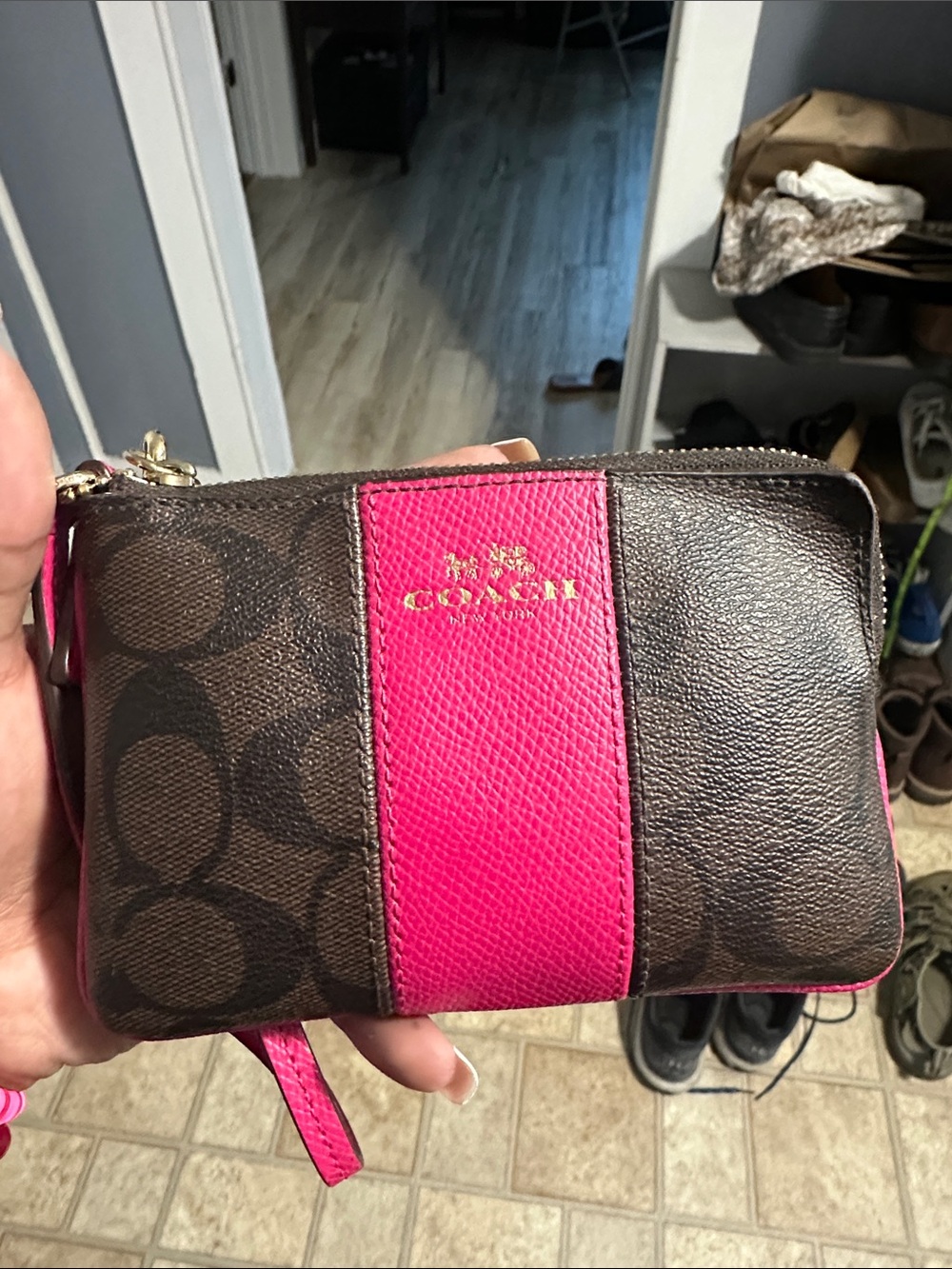 Coach Brown Signature Wristlet with Hot Pink Stripe